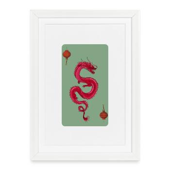 Red Chinese Dragon and Lanterns, Green Background - Framed poster (27 × 37 cm) - white - Front