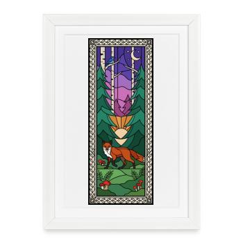 Vitrail du Renard de Nuit de la Forêt - Affiche encadrée (27 × 37 cm) - blanc - Devant