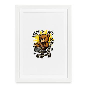 ourson pop art en chariot - Affiche encadrée (27 × 37 cm) - blanc - Devant