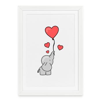 Illustration d’éléphant avec des cœurs et un ballon - Affiche encadrée (27 × 37 cm) - blanc - Devant