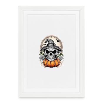 Tête de sorcière d’Halloween avec citrouille et chauves-souris - Affiche encadrée (27 × 37 cm) - blanc - Devant