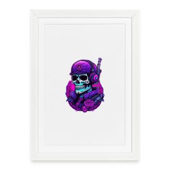 Crâne guerrier avec casque de camouflage et roses - Affiche encadrée (27 × 37 cm) - blanc - Devant