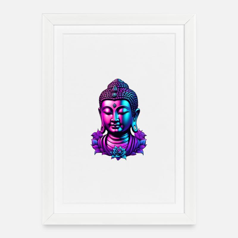 Neon Buddha Blüten Aura - Gerahmtes Poster (27 × 37 cm) - Weiß