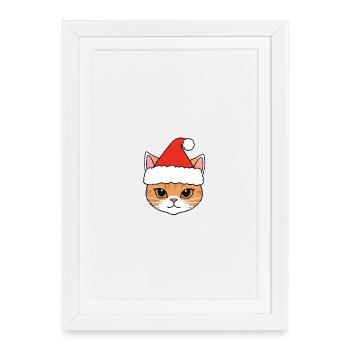 Chat de Noël avec chapeau de Père Noël - Affiche encadrée (27 × 37 cm) - blanc - Devant