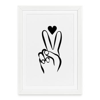 Main avec signe de paix et coeur N/B - Affiche encadrée (27 × 37 cm) - blanc - Devant