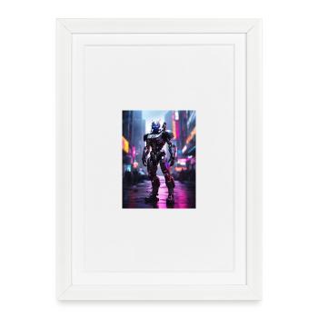 Neon Mecha in Stadtlichtern - Gerahmtes Poster (27 × 37 cm) - Weiß - Vorne