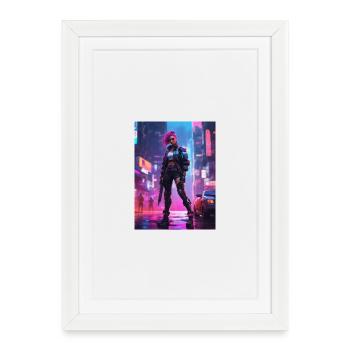 Cyberpunk-Operative in Neonstadt - Gerahmtes Poster (27 × 37 cm) - Weiß - Vorne