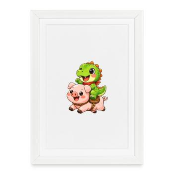 Petit dino fait des chevauches en cochon - Affiche encadrée (27 × 37 cm) - blanc - Devant