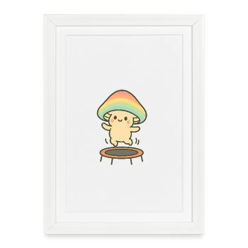 Little mushroom with rainbow hat on trampoline - Framed poster (27 × 37 cm) - white - Front