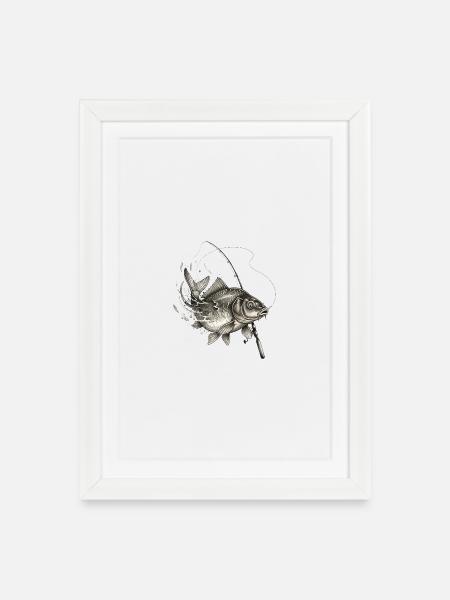 Karpfen Fisch Rute Angeln Ink Vektor - Gerahmtes Poster (27 × 37 cm) - Weiß