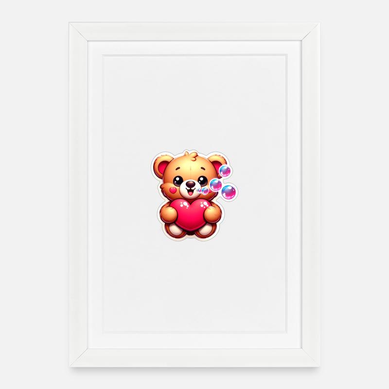 Teddybär mit Herz und Seifenblasen - Gerahmtes Poster (27 × 37 cm) - Weiß