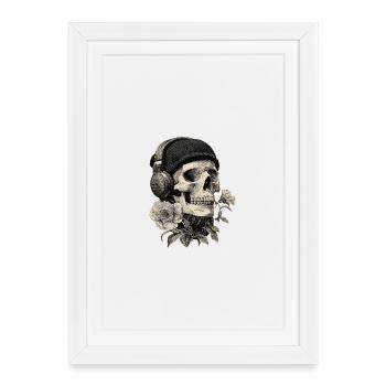 Crâne avec casque et rose - Affiche encadrée (27 × 37 cm) - blanc - Devant