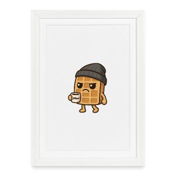 Gaufre Kawaii Grincheux - Dessin animé de bonnet de café - Affiche encadrée (27 × 37 cm) - blanc - Devant