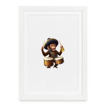 Banana Beat : Tambour singe en sombrero - Affiche encadrée (27 × 37 cm) - blanc - Devant