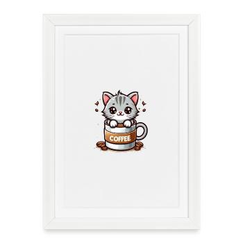 Chat avec tasse à café 1 - Affiche encadrée (27 × 37 cm) - blanc - Devant