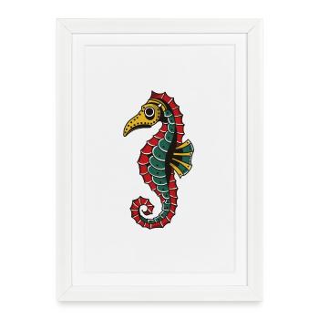 Seahorse with Plague Mask – Tattoo Style - Framed poster (27 × 37 cm) - white - Front