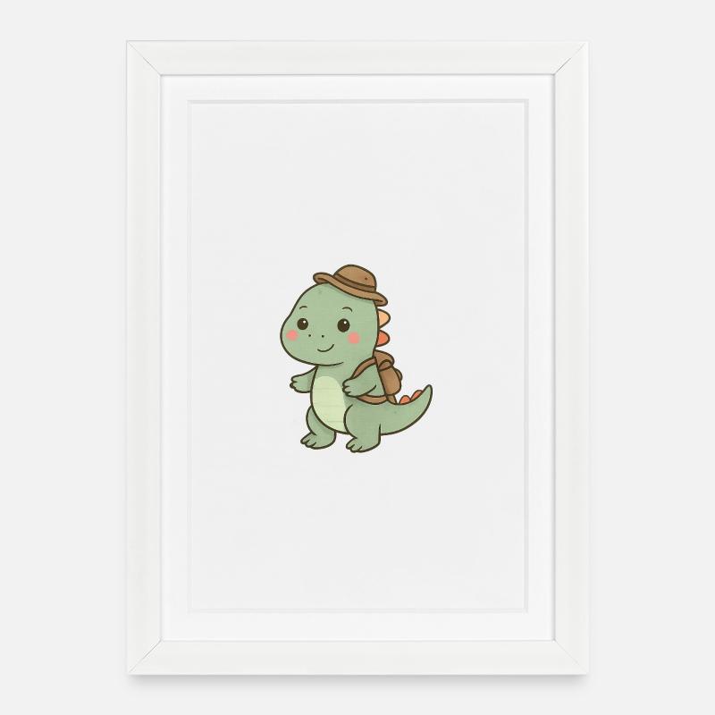 Dinosaure câlin avec chapeau d’aventure - Affiche encadrée (27 × 37 cm) - blanc