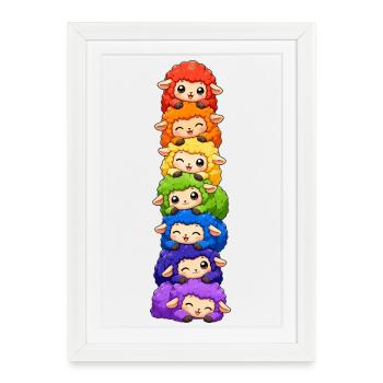 Fierté de moutons arc-en-ciel Kawaii Mignonne pile LGBTQ - Affiche encadrée (27 × 37 cm) - blanc - Devant