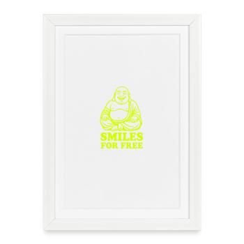 Néon Bouddha Riant Sur Noir - Affiche encadrée (27 × 37 cm) - blanc - Devant