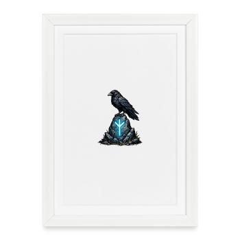 Raven on Rune Rock with Illuminated Sign - Framed poster (27 × 37 cm) - white - Front