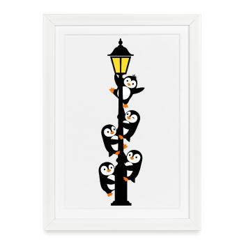 Pingouins autour d'une lampadaire - Affiche encadrée (27 × 37 cm) - blanc - Devant