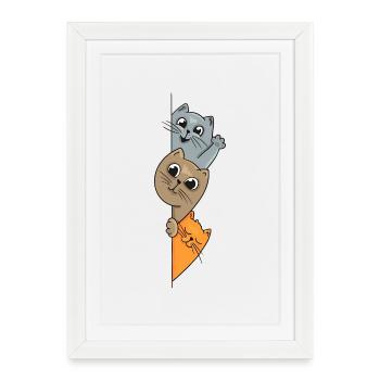 Chats de dessin animé ludiques sur une fente verticale - Affiche encadrée (27 × 37 cm) - blanc - Devant