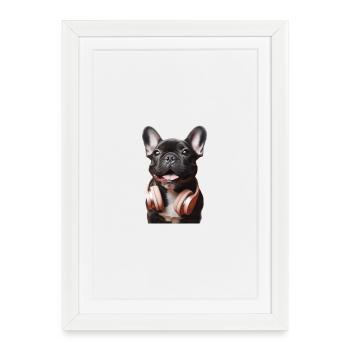 French bulldog with headphones - Framed poster (27 × 37 cm) - white - Front