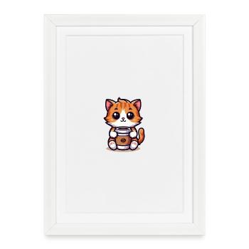 Chat avec tasse à café 3 - Affiche encadrée (27 × 37 cm) - blanc - Devant