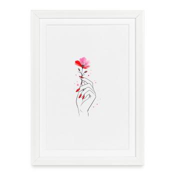 Main avec fleur et ongles rouges - Affiche encadrée (27 × 37 cm) - blanc - Devant