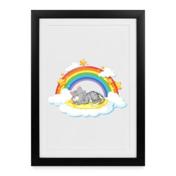 Chat Rêveur sur un Nuage Arc-en-ciel - Affiche encadrée (27 × 37 cm) - noir - Devant