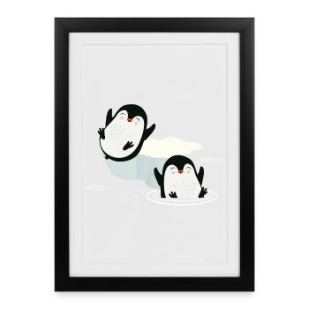 Deux pingouins jouant dans l’eau avec la banquise - Affiche encadrée (27 × 37 cm) - noir - Devant