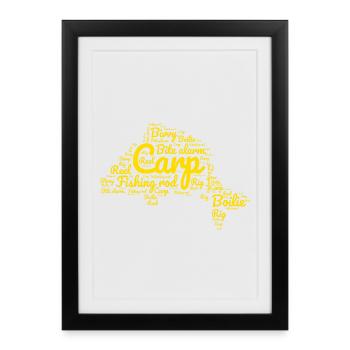 Carp Fishing - Carp-Shaped Yellow Words - Framed poster (27 × 37 cm) - black - Front
