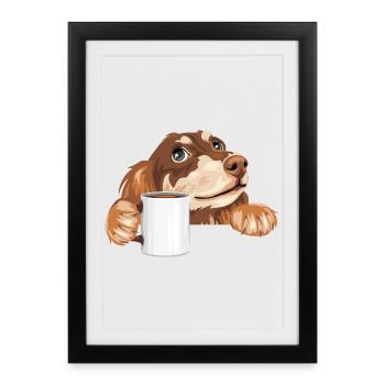 Teckel rêveur jetant un coup d’œil avec une tasse - Affiche encadrée (27 × 37 cm) - noir - Devant