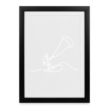 Croquis de kitesurfeur – Motif de vague minimaliste - Affiche encadrée (27 × 37 cm) - noir - Devant