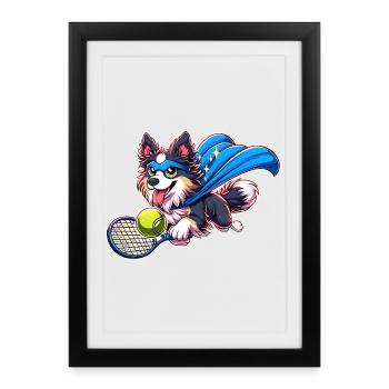 Corgi super-héros avec balle de tennis et cape - Affiche encadrée (27 × 37 cm) - noir - Devant