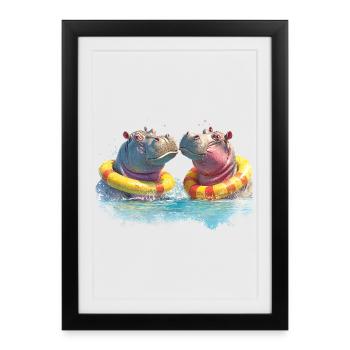 Double Hippo Bathing Fun - Framed poster (27 × 37 cm) - black - Front