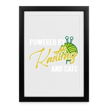 Powered by Knitting and Cats Humor Life - Gerahmtes Poster (27 × 37 cm) - Schwarz - Vorne