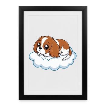 Chiot cavalier rêveur sur un nuage - Affiche encadrée (27 × 37 cm) - noir - Devant