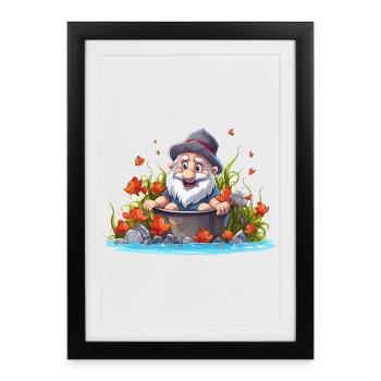 Gnome in the bathing pot by the pond - Framed poster (27 × 37 cm) - black - Front