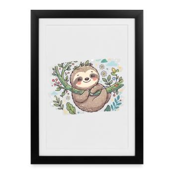 Cute sloth on branch with flowers - Framed poster (27 × 37 cm) - black - Front