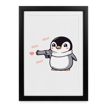 Pingouin avec des coeurs de pistolet Pew Pew Pew - Affiche encadrée (27 × 37 cm) - noir - Devant