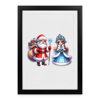 Ded Moroz Snegurotschka russischer Weihnachtsmann - Gerahmtes Poster (27 × 37 cm) - Schwarz - Vorne