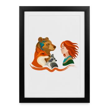 Fille aux cheveux roux et animaux de la forêt - Affiche encadrée (27 × 37 cm) - noir - Devant