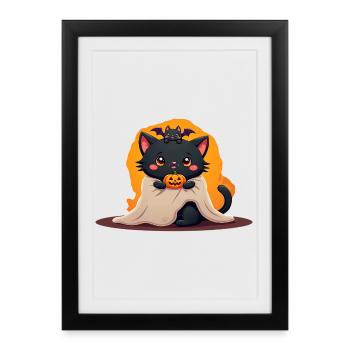 Chat d’Halloween avec citrouille d’Halloween - Affiche encadrée (27 × 37 cm) - noir - Devant