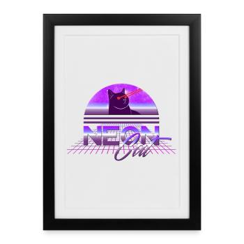 Cool retro vintage neon cat with laser eyes - Framed poster (27 × 37 cm) - black - Front