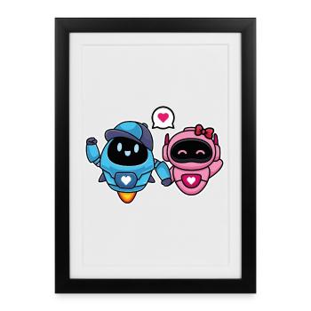 Robots mignons Amoureux et Romantiques pour Couple - Affiche encadrée (27 × 37 cm) - noir - Devant