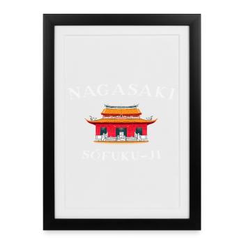 Temple Sofuku-ji, Nagasaki, Japon, dessin à la main - Affiche encadrée (27 × 37 cm) - noir - Devant