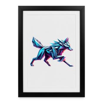 Wolf Origami 3D Geometrisches Neon - Gerahmtes Poster (27 × 37 cm) - Schwarz - Vorne