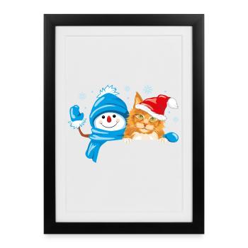 Peeking waving snowman and cute ginger cat - Framed poster (27 × 37 cm) - black - Front