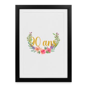 90 Ans Floral Aquarelle Doré - Affiche encadrée (27 × 37 cm) - noir - Devant